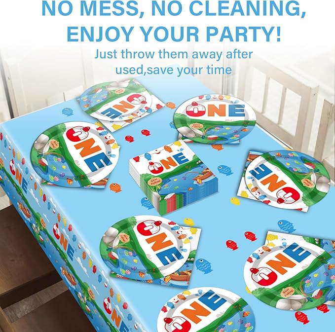 Ofishally One Birthday Party Supplies Serves 24 Gone Fishing 1st Party Paper Plates Napkins Little Fisherman Tablecloth Set Tableware Kit for Baby Shower Decorations Kids Boys Girls