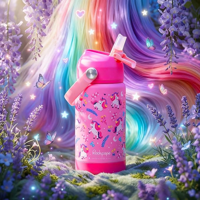 rockpapa 14 oz Kids Insulated Water Bottle，Stainless Steel Toddler Cups with Straws, BPA Free, Leak-Proof, Kids Water Bottle for School Boys& Girls (Pink Unicorn)