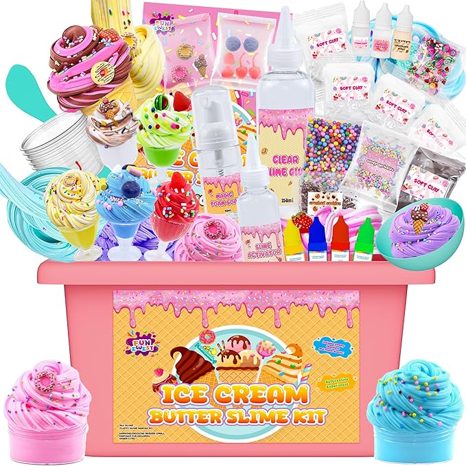 Funewest Slime Kit for Girls Ages 8-12, Mini Ice Cream Slime Making Kit with 30+ Piece & Storage Case, DIY Creative Crafts Non-Sticky Sensory Toys Birthday Gifts for Kids Beginners