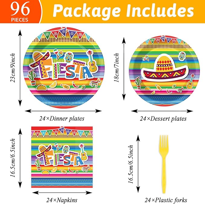 96 Pieces Fiesta Party Decorations Mexican Plates Tableware Set for De Mayo Party Decorations Supplies Mexican Themed Paper Dessert Plates Napkins Forks for 24 Guests Birthday Party Favors