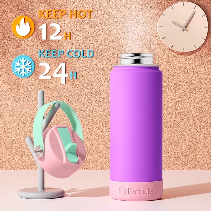 Fimibuke Kids Insulated Water Bottle, 18oz BPA FREE Kids Cups with Straw Double Wall Vacuum Tumbler 18/8 Stainless Steel Leak Proof Toddler Water Bottle for School Boys Girls (2 Pack, Midnight Rose)