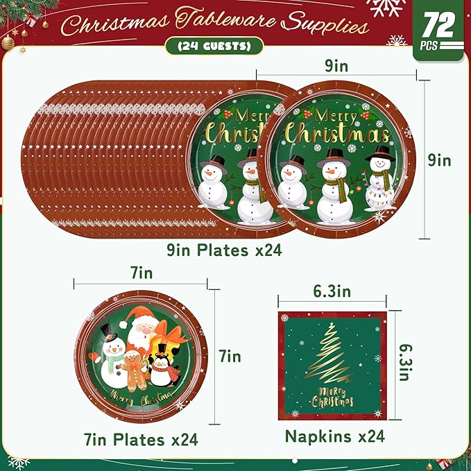 72PCS Christmas Plates and Napkins for Party Decorations, Set of 24 Merry Christmas Disposable Tableware Supplies, Green Red Themed Snowman Paper Plates for Xmas Party