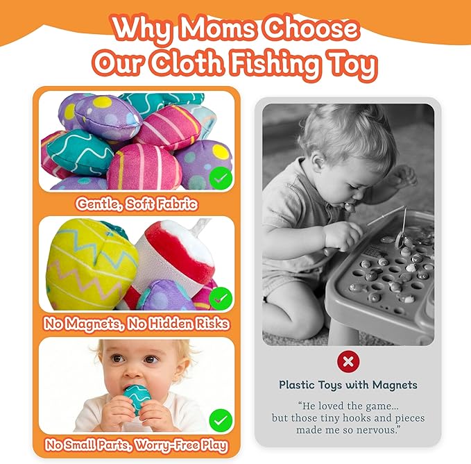 Montessori Toys for 1 Year Old, 11 in 1 Cloth Fishing Game Easter Basket Stuffers for Toddler Toys 1-3, Soft Learning Toy with Stacking Cups, Fine Motor Skills & Color Recognition for Boys & Girls