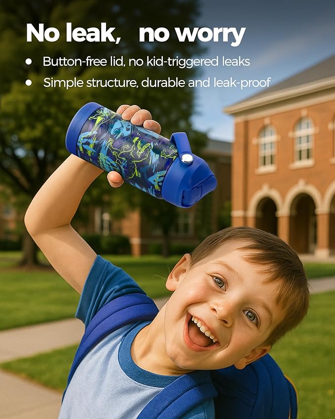 Choco Mocha Kids Dinosaur Water Bottle For School, Kids Insulated Water Bottle Stainless Steel for Boys, 14Oz Blue Dinosaur
