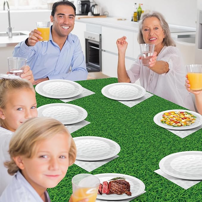 Qyeahkj Golf Party Supplies Serves 24 Golf Ball Party Paper Plates and Napkins Green Grass Plastic Tablecloth Set Sports Themed Tableware Kit for Birthday Decoration Baby Shower Decor