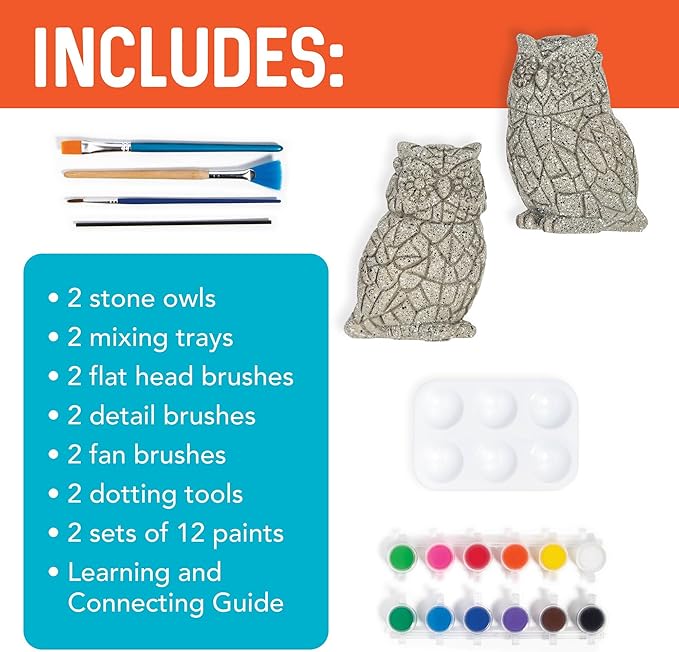 MindWare Two Creative Friendship Owls Stone Décor Painting Craft Kit for Two - Ideal Kids Arts & Crafts Kit for Ages 8 & Up - Learn How to Paint