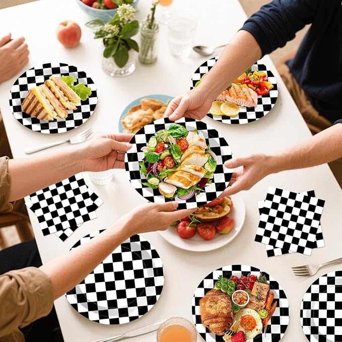 40 Pcs Race Car Plates and and Napkins - Black and White Checkered Birthday Decorations Tableware, Racing Cars Dinner Dessert Paper Plates Checkered Flag Napkins Set for Race Car Sport Party Supplies