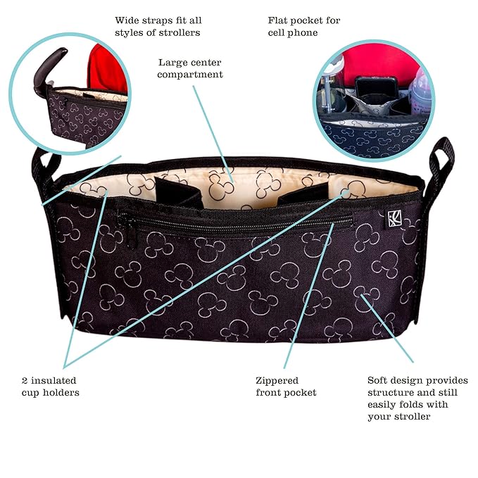 Disney Baby by J.L. Childress Cargo 'N Drinks Parent Tray - Baby Stroller Cup Holder, Essential Travel Accessories, Stroller Caddy Organizer, Fits UPPAbaby, Doona, Nuna, & More - Mickey Mouse