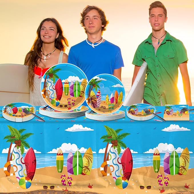 100 Pcs Summer Beach Surfing Party Paper Plates Napkins Supplies for Pool Surfs up Surfboard Theme Birthday Party Decorations Luau Bbq Picnic favors Disposable Dinnerware Plate Serves 25