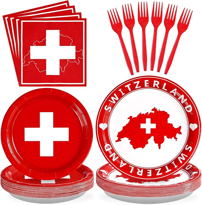 Grencian 96Pcs Switzerland Party Supplies Swiss Flag Plates and Napkins Disposable Switzerland Paper Plates Swiss National Day Decorations Tableware Kit for Travel, Cultural or Themed Events