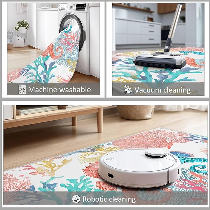 Washable Ocean Coral Seahorse Area Rugs 6.6×6.6ft Watercolor Style Non-Slip Floor Carpet for Kids Room Living Room Bedroom, Dining Room Home Office