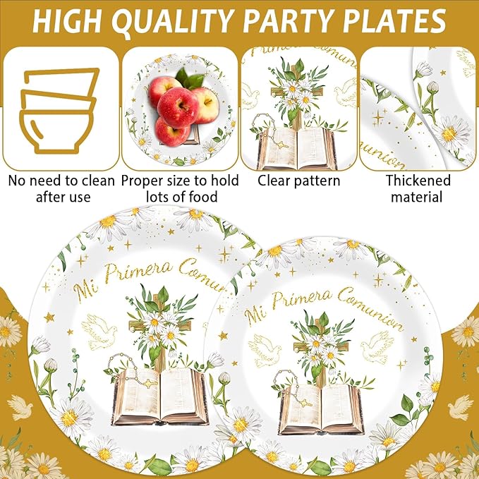 96Pcs Mi Primera Comunion Decorations White and Gold Baptism Plates and Napkins Comunion Party Supplies God Bless Plate First Communion Tableware Set for Mi Bautizo 24 Guest Party Decoration