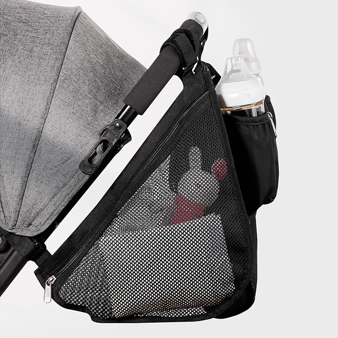 SUNVENO 2-pack Universal Stroller Organizer Caddy with Cup Holders, Wipes Pouch and Extra Storage, Zippered Mesh Side Sling for Pushchair, Black