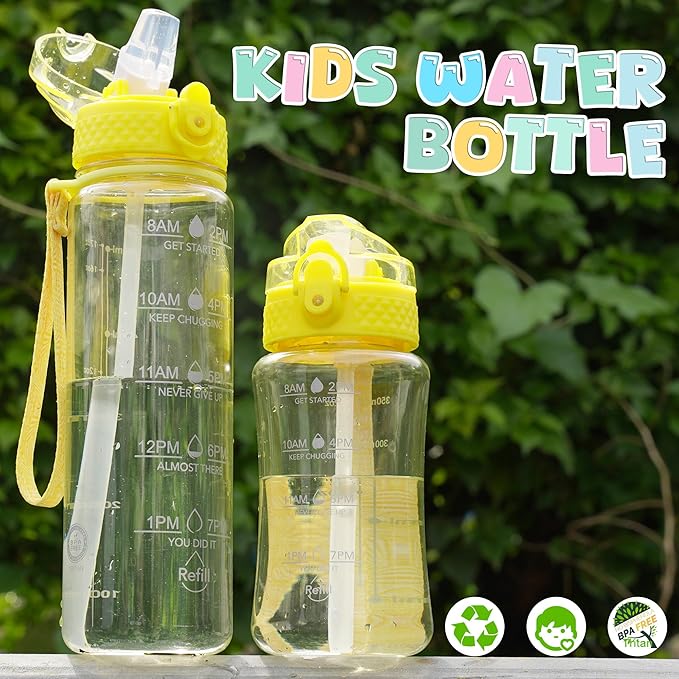 OLDLEY 12oz Kids Water Bottle for School - Motivational With Silicone Straw, Leak-Proof Tritan BPA-Free, Reusable for Girls Boys, Butter