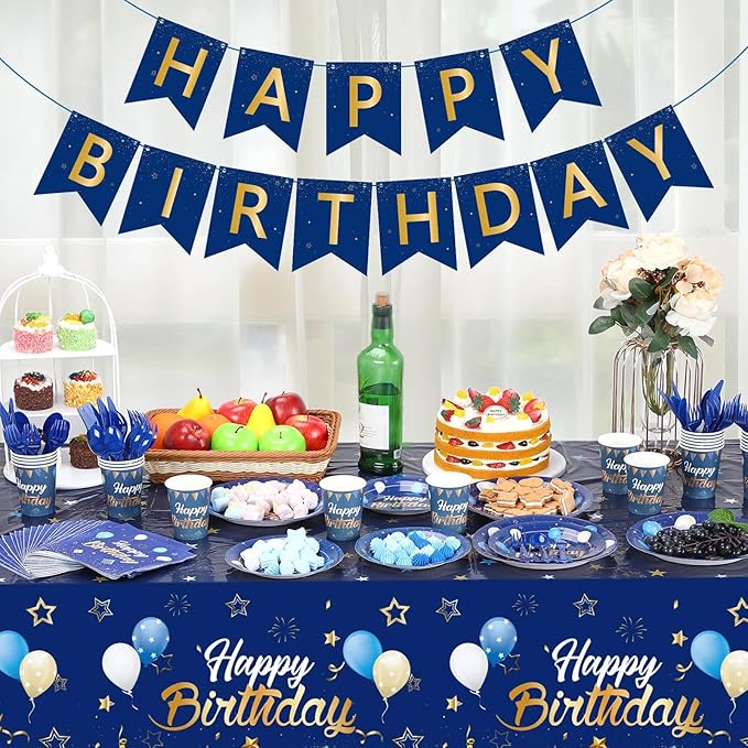 Pajean Blue Happy Birthday Party Tableware Set Birthday Decoration Banner and Tablecloths Decoration Plates Cups Napkins Dinnerware for 24 Guests Party Supplies(Blue and Gold)