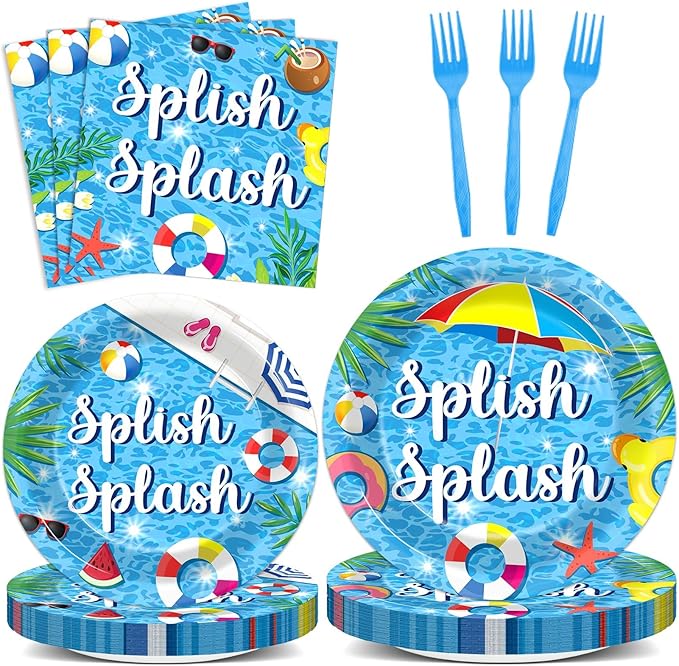 Splish Splash 96Pcs Bash Tableware Set - Pool Party Plates, Napkins, Dessert Plates for 24 Guests - Summer Beach Hawaiian Birthday Party Favors & Decorations