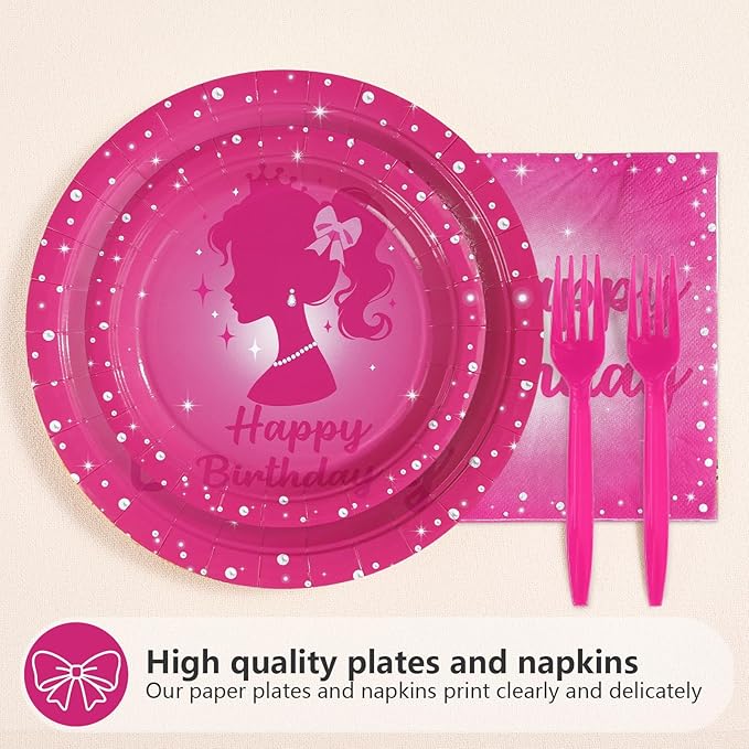 96Pcs Pink 5th Birthday Party Decorations 5 Years Old Hot Pink Plates and Napkins Princess Doll Girl Tableware Sets for Kids Girls Baby Shower Happy 5th Birthday Party Supplies Serves 24