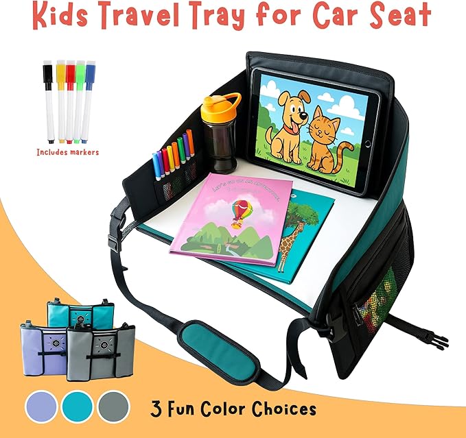Kids Travel Tray for Car Seat – Teal – The Essential Travel Lap Desk with Removable Tablet Holder, Built-In Storage, and Stabilized Panels, Must Have Car Tray for Kids on Road Trips