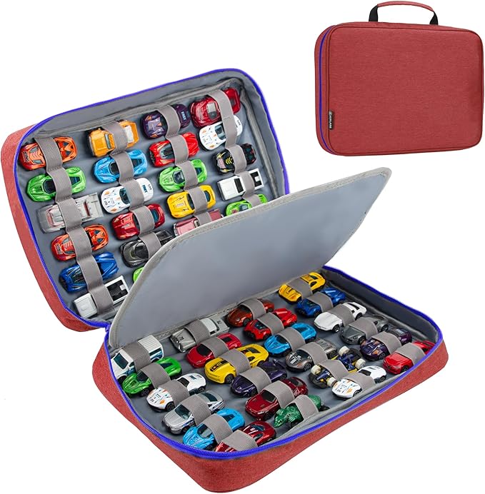 KISLANE Car Storage Case Organizer for 48 Vehicles – Portable 1:64 Scale Die-Cast Collection Carrying Case with Elastic Slots, Travel Storage Bag for Collectors, Red