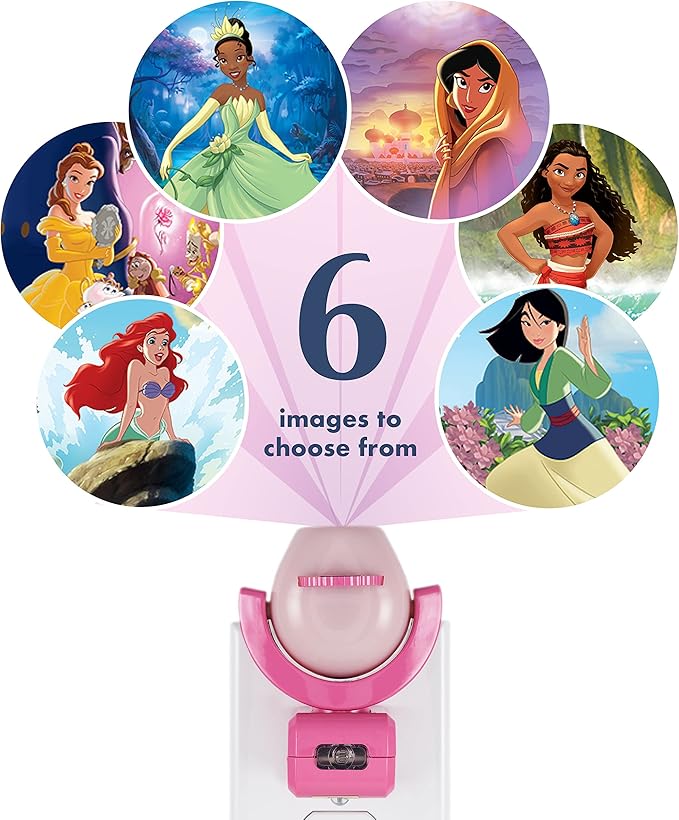 Projectables Disney Princess LED Kids Night Light, Projector, Plug-In, Dusk-to-Dawn Sensor, Belle, Jasmine, Ariel, Moana, Tiana & Mulan, Pink, 11738