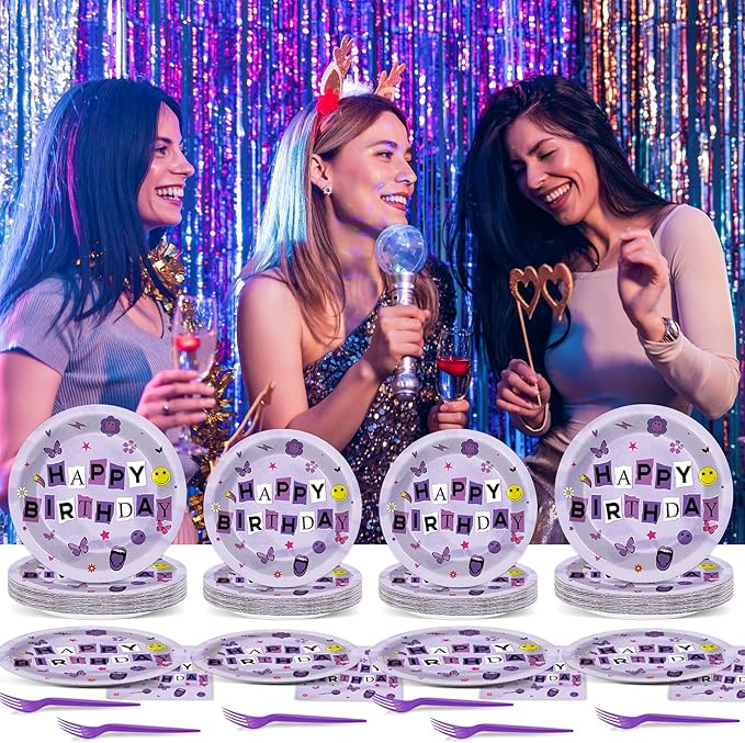 CHUNNIN 96Pcs Purple Music Party Plates and Napkins for Girl Sing Party Supplies Musical Themed Paper Dessert Plates Tableware Set for Kids Baby Shower 24 Guests Music Lover Birthday Party Decorations