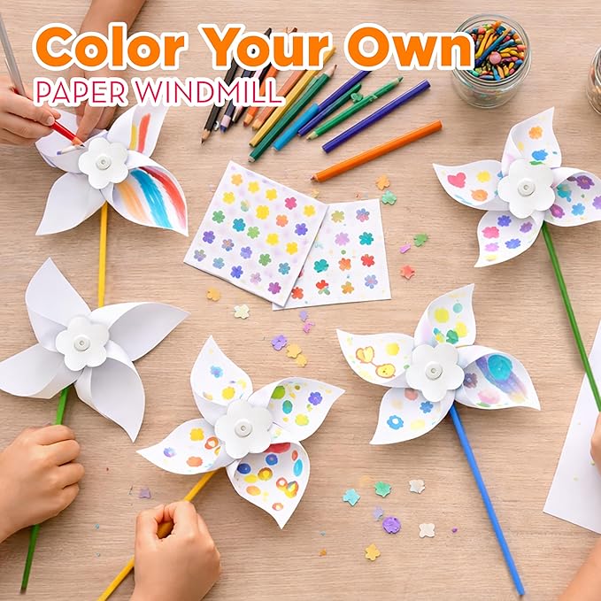 4E's Novelty 24 Pack DIY Pinwheels Craft for Kids, Bulk Summer Pinwheel Craft Kit, Color Your Own Paper Windmill for Pinwheels for Kids Bulk Spring Craft for Kids Easter Art Games