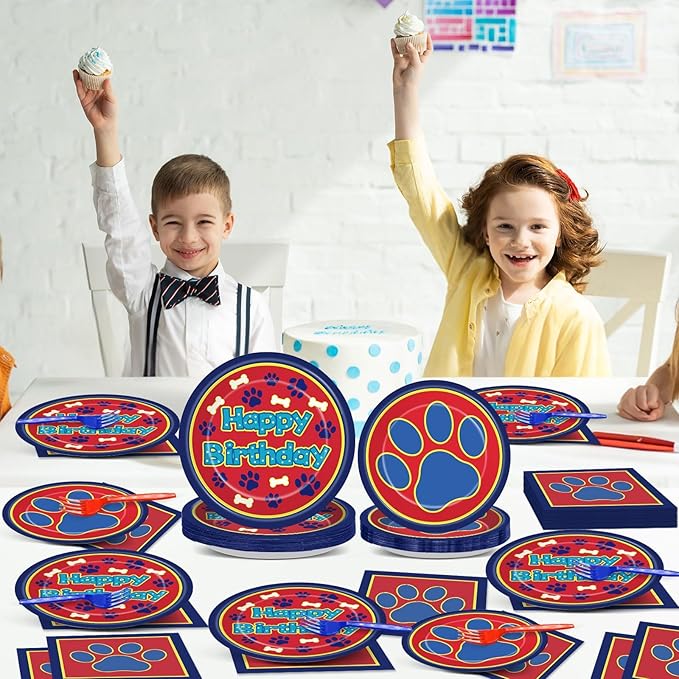 96 Pcs Cartoon Dog Birthday Party Plates and Napkins Paw Print Party Decorations Puppy Theme Supplies Lets Pawty Paper Dessert Plates Tableware Set for Kids Boy Girl Baby Shower 24 Guests