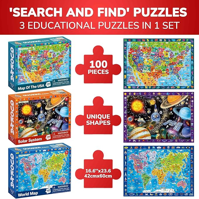 QUOKKA 100 Piece Puzzles for Kids Ages 4-6 - 3 Jigsaw Kids Puzzles Ages 6-8 - Learning Map of the United States World Space - Toddler Educational Games for 5-8 Year - Toys for 8-10-12 Year Old