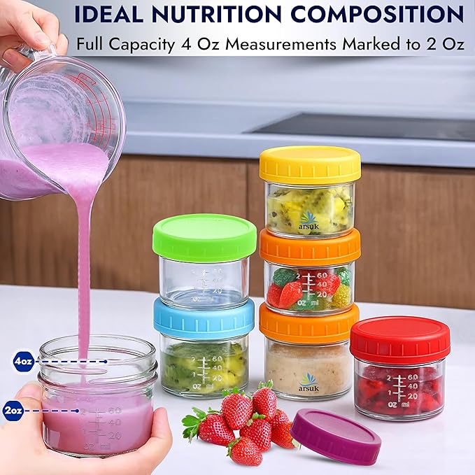 ARSUK 4 oz Glass Food Storage Containers with Screw Lids (12 Pack) - Small Glass Jars for Sauces, Spices, and Meal Prep - Reusable, Dishwasher, Microwave, Fridge, and Freezer Safe