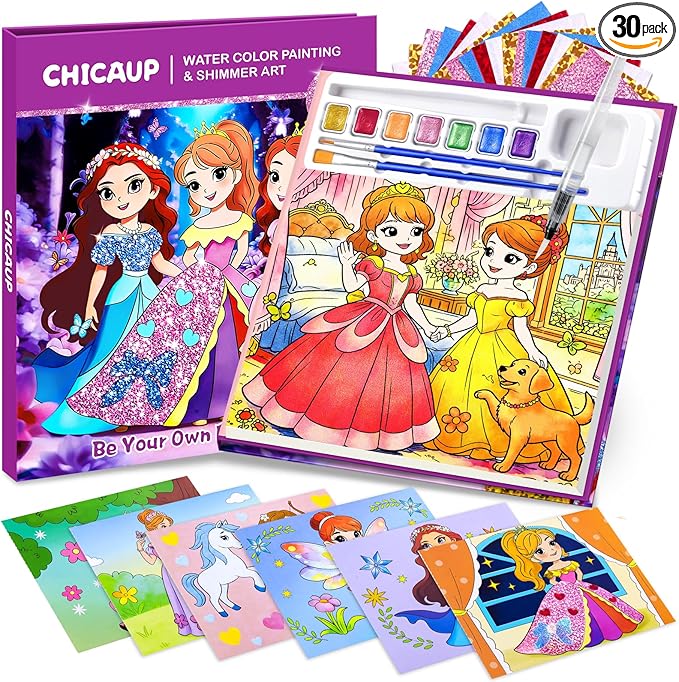 CHICAUP Paint with Water Coloring Books & Shimmer Art Kit for Kids, Princess Themed Arts and Crafts Set with Watercolor Painting Kit, Travel Art Supplies for Girls Ages 4-8 Birthday Christmas Gift