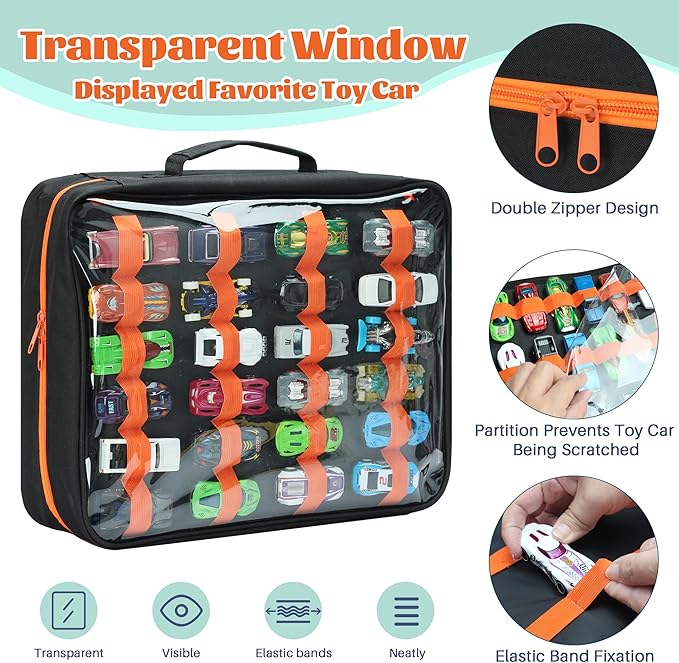 124 Slots Toy Cars Storage Case with Clear Window, Matchbox Cars Storage Holds 124 Diecast Cars, Matchbox Cars Organizer Compatible with Toy Cars, Portable Carrying Case with 5 PE Board Panels (Black)