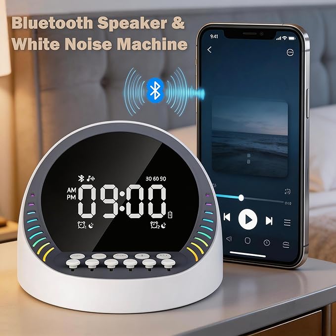 White Noise Sound Machine with Bluetooth Speaker, 6 Mixable Nature Sounds & 6-Color Night Light, Alarm Clock, Sleep Timer for Adults, Kids, Baby Sleeping, Bedroom, Office