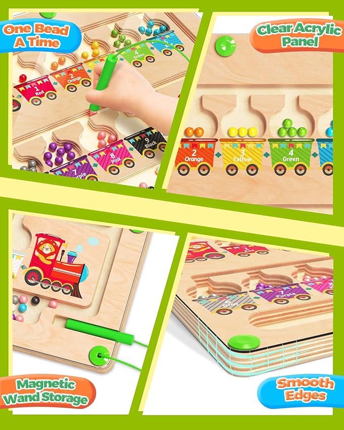 Magnetic Color and Number Maze, Montessori Toys for 2 3 4 Year Old, Wooden Color Matching Puzzle Board, Preschool Learning Activities Travel Toys for Ages 2-4 for Girls Boys Birthday Gifts - Train