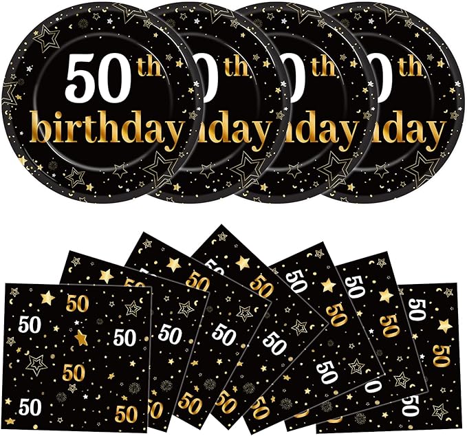 Qyeahkj 48Pcs 50th Birthday Paper Plates and Napkins Black and Gold Happy Birthday Party Decorations Cheers to 50 Years Party Supplies 50 Years Old Disposable Tableware Set for Women Men Serve 24