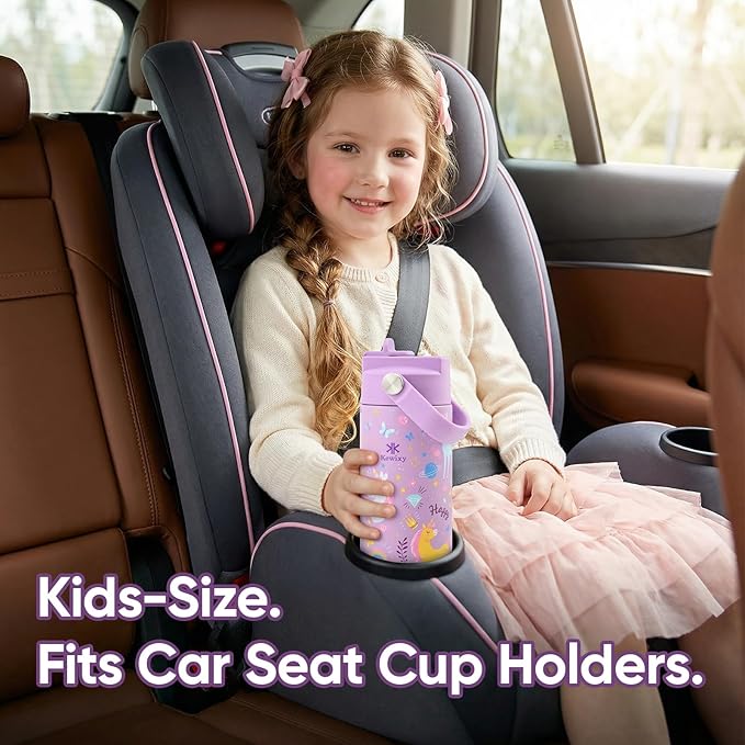 KEWIXY 14oz Water Bottle with Straw, Easy Slide Lid, Leak Proof, Keep Cold 24H, Vacuum Insulated, Metal Stainless Steel with Handle for School, Unicorn Lilac