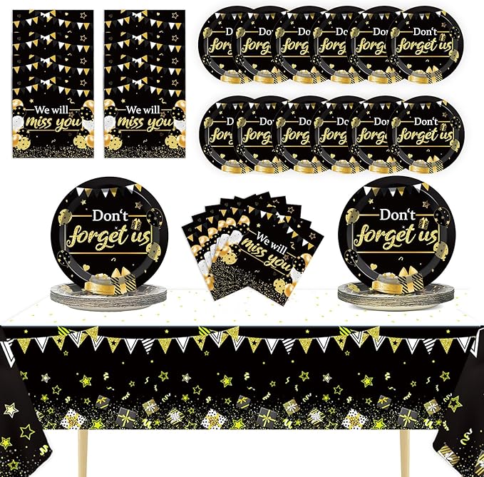 We Will Miss You Party Decorations Serve 24 Guests Going Away Party Disposable Plates Napkins Tablecloth Farewell Dinner Tableware Black and Gold Goodbye Party Supplies for Leaving Retirement Party