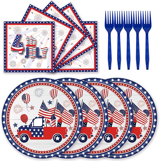 72 Pcs Patriotic Paper Plates American Flag Party Dessert Plates Napkins Forks Tableware Set Disposable Party Decoration Supplies for Labor Day 4th of July Independence Day Election Day, Serve 24