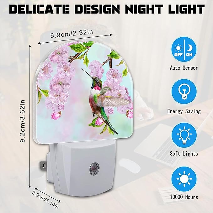 Hummingbird and Cherry Blossoms Night Light for Kids,Birds and Pink Flowers Plug in Night Light with Dusk to Dawn Sensor, 0.5w Energy Saving Nightlight for Hallway Stairway Kitchen Bedroom