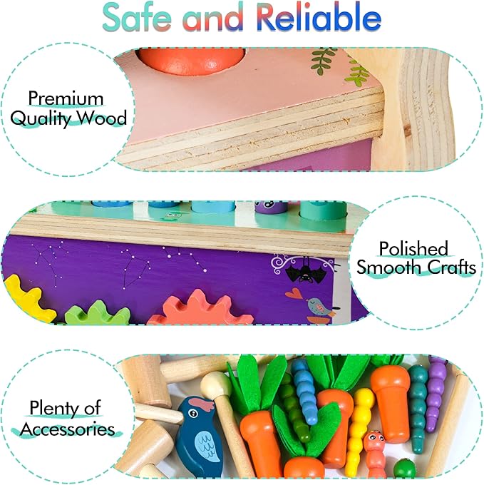 6-in-1 Wooden Montessori Toys for 1 Year Old, Mole-Tapping Game | Play the Xylophone | Frog Clock | Carrot Harvest Game | Spinning Gear, Baby Girls Toy Birthday Gift Early Learning