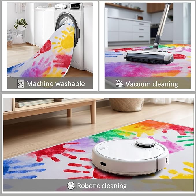 Abstract Handprint Pattern Washable Kids Area Rug 2.6×4ft Colorful Ultra Soft Non-Slip Rug for Nursery Kids Girls Boys Teen Dorm, Indoor Low-Pile Throw Carpet for Hallway Play Mat