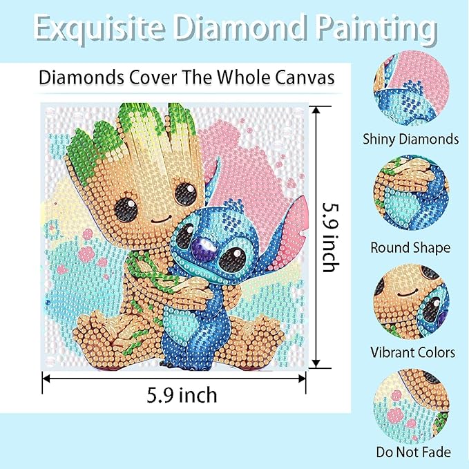 Fuinkqe 4 Packs Diamond Art Kits for Kids,Cartoon Diamond Art for Kids Ages 4-8,5D DIY Diamond Art Kits Ages 8-12,Mosaic Kits Gem Art for Home Wall Decor 6X6 Inch