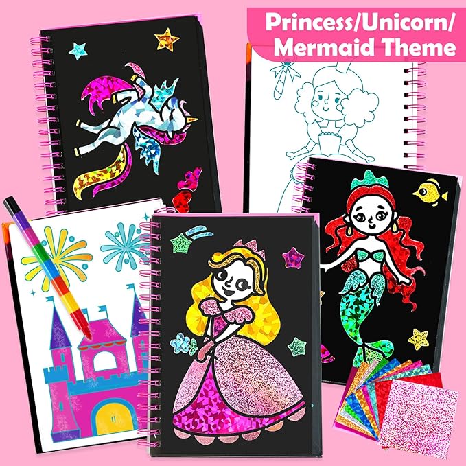FUNNYB&G Foil Art Craft Kit for Girls 4-10 Years Old: Mess-Free & No-Glue, Create 16 Sparkly Princess Unicorn Pictures – Perfect Travel Toy & Birthday Gift for Kids (Princess)