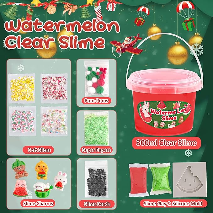 Watermelon Red Slime Kit, Clear Slime Bucket with Clay, 10 Packs of Add-ins, Slimes Party Favors for Kids, Sensory Toys Slimes Kit Birthday Easter Hallowmas for Girls & Boys Ages 8-12