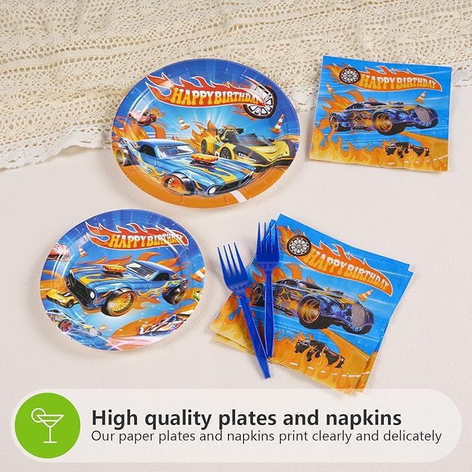 Grencian 96Pcs Racing Car Birthday Decorations for Boys Hot Car Party Plates and Napkins Tableware Sets Hot Cars Birthday Decorations for Kids Race Sports Game Themed Party Favors Supplies Serves 24