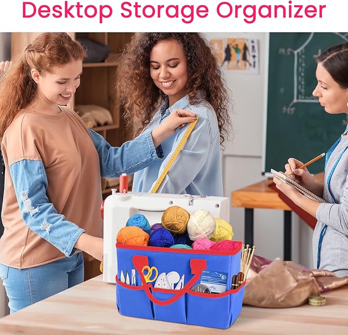 Godery Desktop Tote and Organizer, Teacher Helper Bag for Arts, Books, Stationery, Office Desk, Make-up Storage with Handles for Travel (Blue)