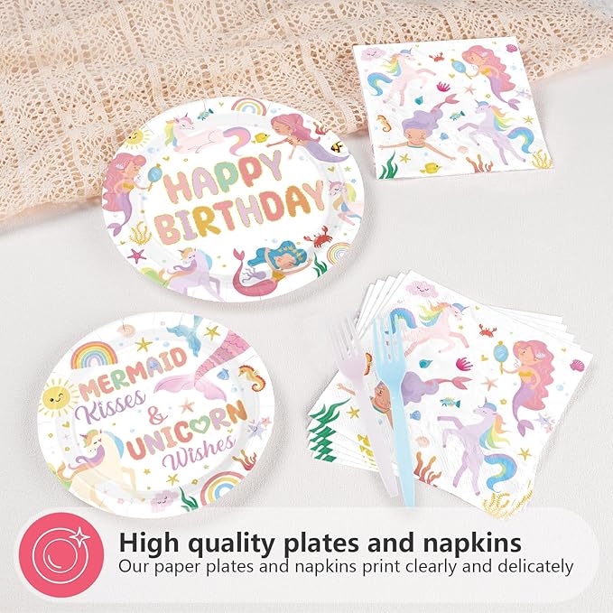 96 Pcs Mermaid Unicorn Birthday Party Decorations Cartoon Mermaid Paper Plates and Napkins Magical Pastel Rainbow Unicorn Tableware Sets for Girls Happy Birthday Baby Shower Party Supplies Serves 24