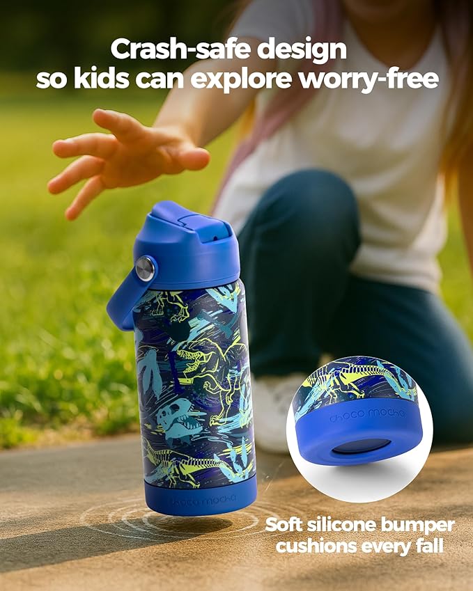 Choco Mocha Kids Water Bottle For School, Kids Insulated Water Bottle Stainless Steel for Boy, 14Oz Construction Vehicle Blue