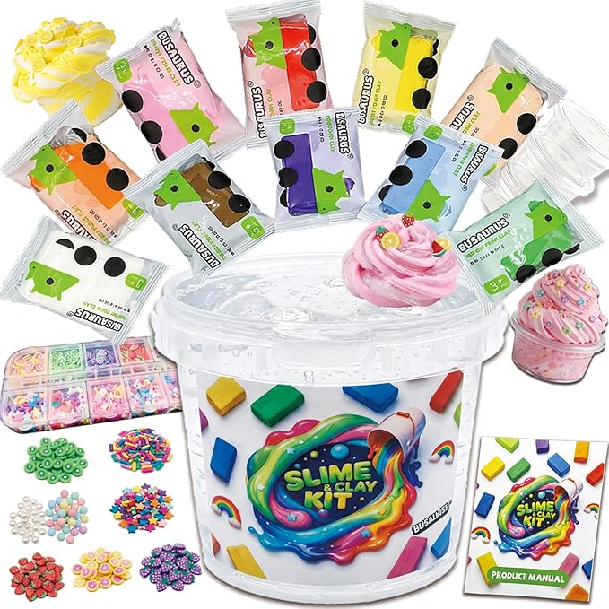 Clear Slime and Foam Clay Kit for Kids, 17 Fl Oz Premade Clear Slime with 10 Color Foam Clay, Charms, Sprinkles and 5 Storage Containers, DIY Butter Slime Craft Toy for Girls and Boys