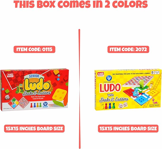 Ankit Toys & Games Ludo & Snakes and Ladders (Saap Seedhi) Board Game Set Classic 2in1 Family Fun for Kids and Adults for Ages 6+ | Travel-Friendly Strategy Game (Ludo Senior Red)