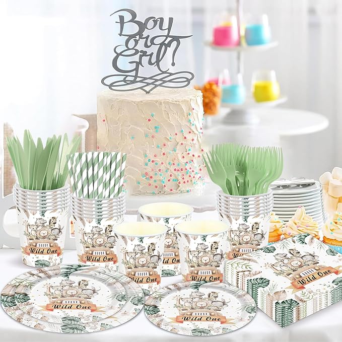 168PCS Wild One Party Supplies for Boys Girls Kids Jungle Animals Party Decorations Forest Themed Plates and Napkins Cups Forks Knives and Straw Tableware for Birthday Serve 24 Guests
